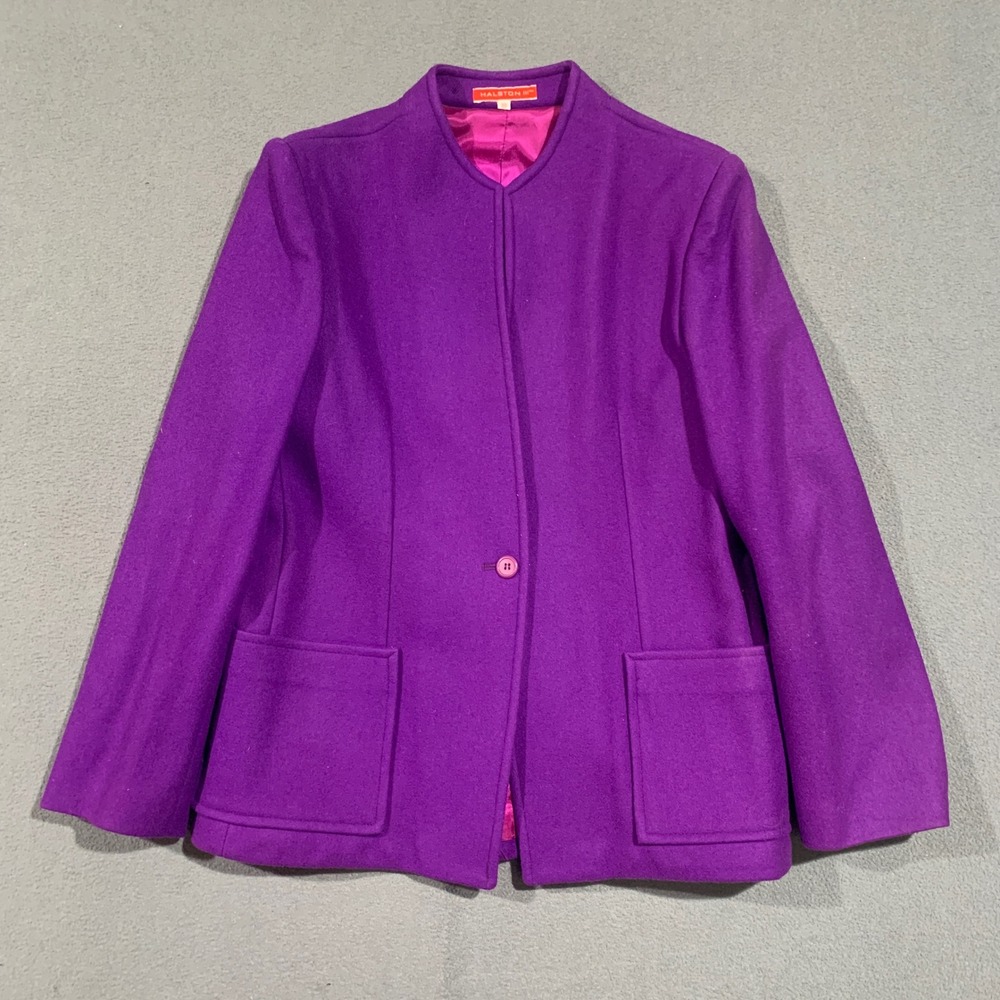 Halston III Purple‎ Wool Blazer Collarless Button Front Jacket Womens Sz 10